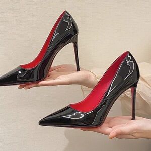 Lulu's Glossy Black Heels with Vibrant Red Lining